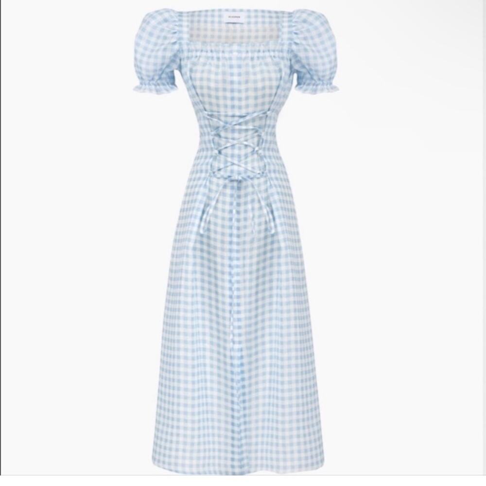 Sleeper Women's Blue Vichy Marquise Corset Linen Dress Gingham Midi Lace Up S